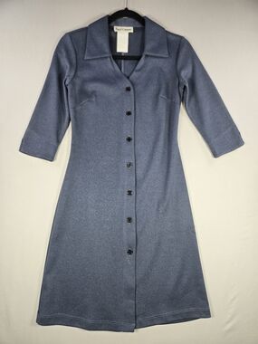 Vintage 90s Just Choon Blue Knit Button Front Dagger Collar Midi Dress Size 3